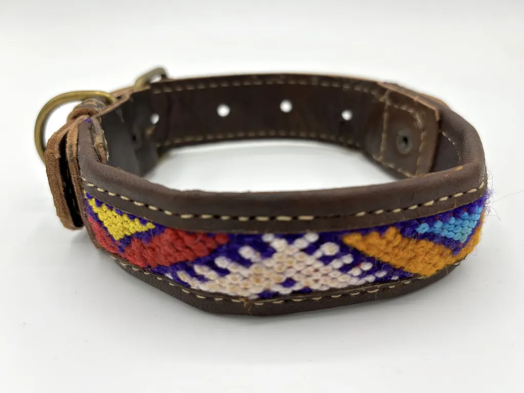 Atlas Adventure collar at an angle showing the bright chevron kilim weave